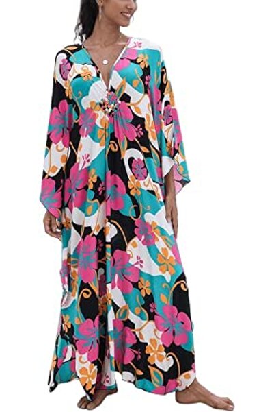 YouKD Maxi Dress V-Neck Kaftan Boho Robes Beach Cover-ups Dress Maxi Garment ...