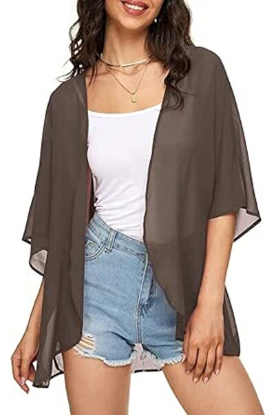 Indian's Women's Solid Puff Sleeve Kimono Cardigan Loose Cover Up Casual Blou...