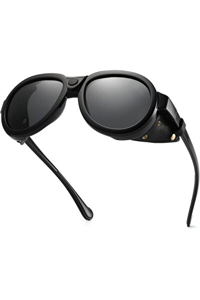 MACJERO Retro Aviator Steampunk Polarized Sunglasses with Leather Side Shield...