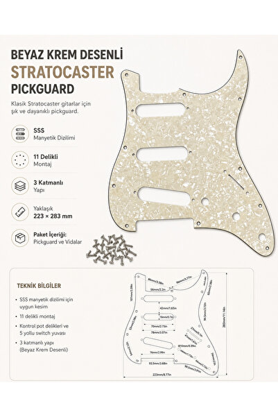 Beyaz Krem Desenli Strat Pickguard – 11 Delik 3 Katman Elektro Gitar Plakası