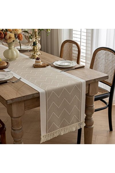 Generic Brand One polyester table runner, linen-textured with tassels, rustic...