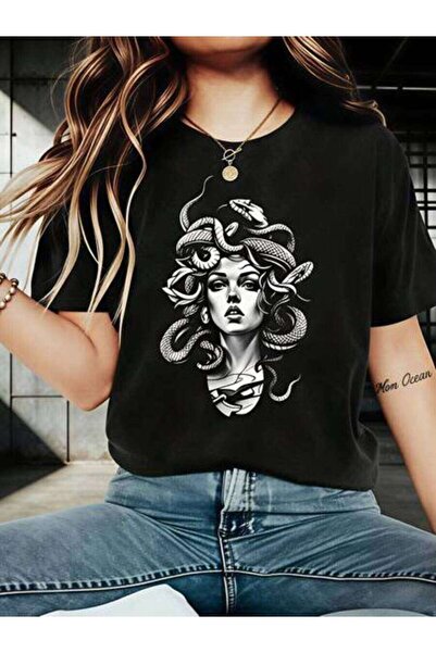 23ERVA Women's Medusa Snake Head Design, Pure Cotton T-Shirt, Casual Summer W...