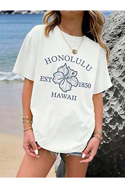 23ERVA Women's Honolulu Hawaii Flower Design, Pure Cotton T-Shirt, Beach Summ...
