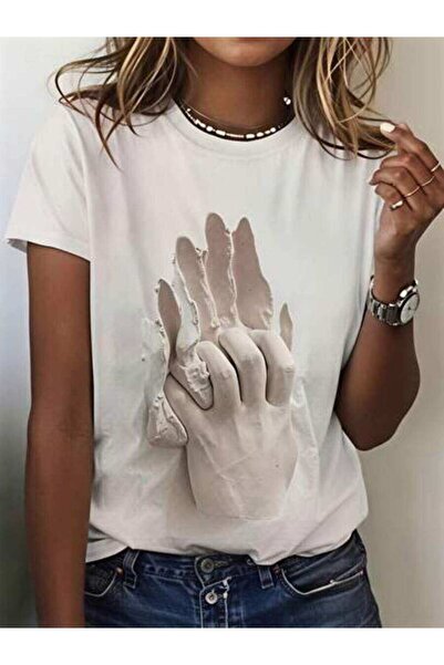 23ERVA Women's Hand Print Design, Pure Cotton T-Shirt, Casual Wear, Spring Su...