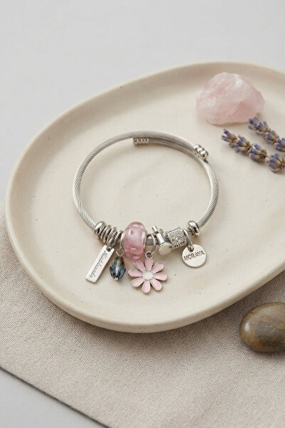 Clariss Silver Color Bracelet with Pink Daisy Charm
