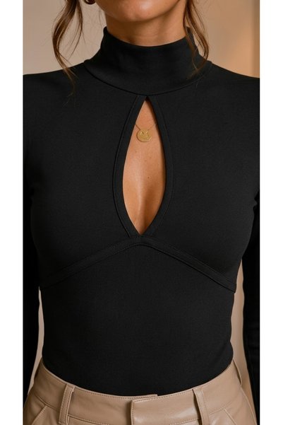 peralist Women's Black Stand Collar Window Detailed Viscose Elastane Blouse