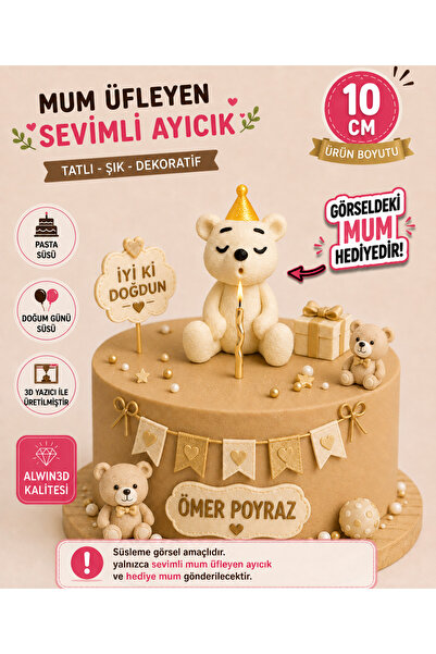 Alwin3d Mum Üfleyen Sevimli Ayıcık Pasta Süsü | Gold Şapkalı Ayıcık Cake Topp...
