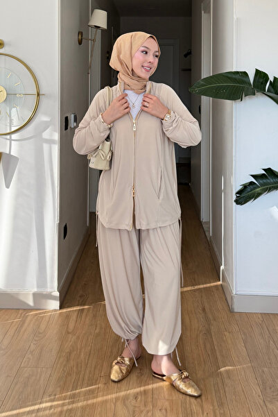Tesettür Diyarı Cavel Imported Sandy Fabric Σετ Χιτζάμπ με Φερμουάρ - Κρεμ