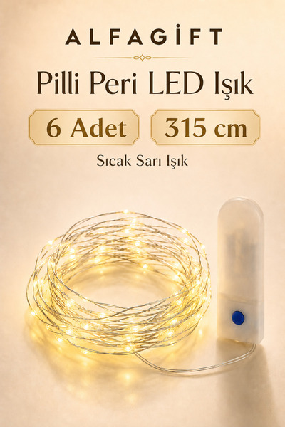 ALFAGİFT 6 Adet 315 cm Pilli Peri LED Sıcak Sarı Işık 2 Modlu Esnek Gümüş Tel Dekoratif Perde LED Aydınlatma