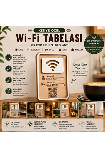 ROKH Kişiye Özel QR Kodlu WiFi Tabelası Ahşap Kafe Restoran Otel Wi-Fi Şifre ...