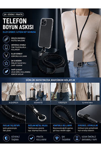 Cep Telefonu Taşlı Boyun Askısı (60CM) Siyah