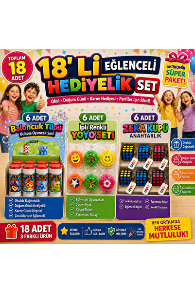 KAR TANESİ 18'li Eğlenceli Hediye Seti 6 Baloncuk Tüpü 6 Yoyo 6 Zeka Küpü Ana...