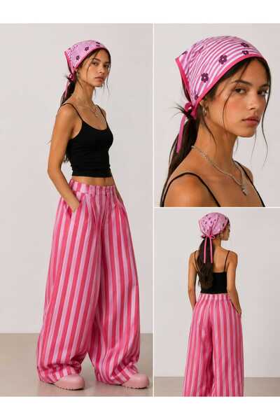 Handmade Betty Bands Women's Pink Striped Floral Patterned Triangle Bandana –...