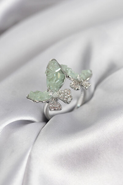 SORA GROUP Silver Color Water Green Butterfly Model Zircon Stone Women's Ring