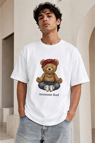 Duzor Унисекс тениска с къс ръкав, бяла, Teddy Bear Soul Yoga, овърсайз, прем...