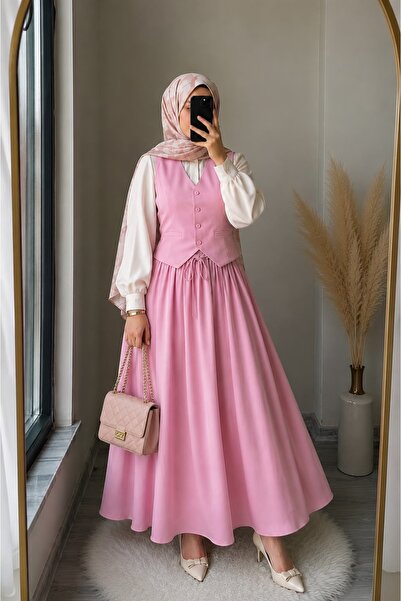 Mivelya Women's Hijab Double Vest & Skirt Flared Set