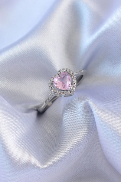 SORA GROUP Silver Color Pink Zircon Stone Heart Charm Model Brass Women's Ring