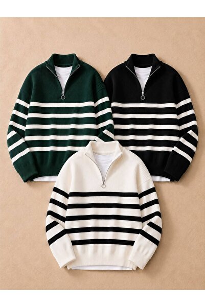 oneoff Men's 3-Pack Striped Knitwear Sweater Half Zipper Stand Collar Oversiz...