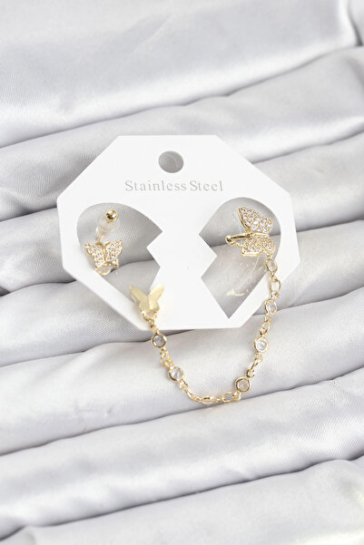 SORA GROUP Butterfly Model Brass Gold Color Chain Linked Ear Cuff Earring Set