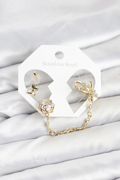 SORA GROUP Brass Gold Color Butterfly Model Chain Linked Ear Cuff Earring Set