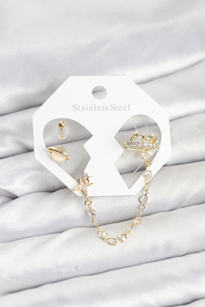 SORA GROUP Brass Gold Color Space Model Chain Linked Ear Cuff Earring Set