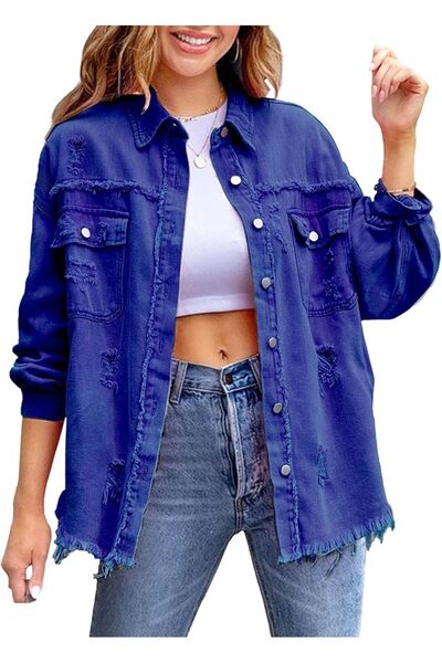 Generic Womens Ripped Distressed Denim Jacket Distressed Hem Button Front Boy...