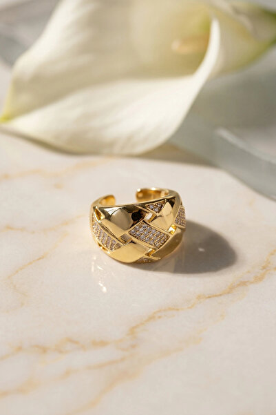 shopwave Adjustable Gold Color Ring with Zircon Stone Detail and Interwoven D...