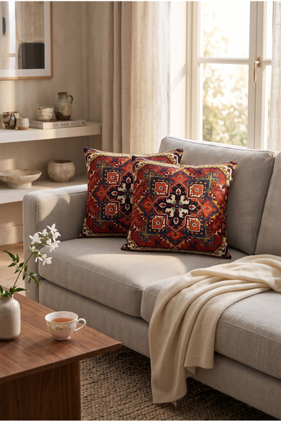 Softifyhome Etnik Desen 2’li Dekoratif Kırlent Kılıfı 43x43 cm – Çift Taraflı...
