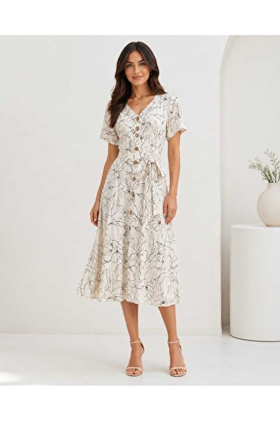 Bad Rochie dama midi din in 100% – imprimeu floral