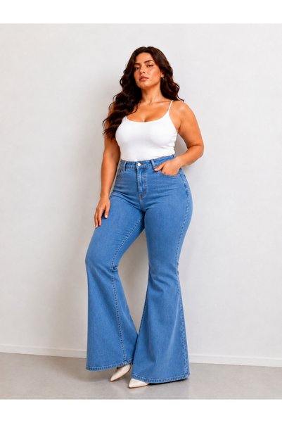 nd jeans Kadın-Premium Yüksek Bel Toparlayıcı Esnek Rahat Kalıp İspanyol Paça Kot Pantolon-mavi