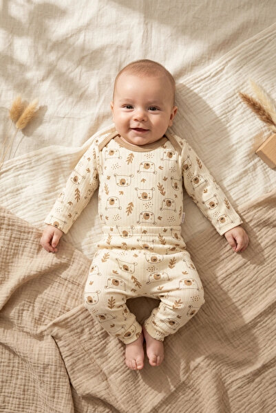 Süper Mini Baby Nura Teddy Series Ribbed Cotton Textured Baby Set - Ecru Tedd...