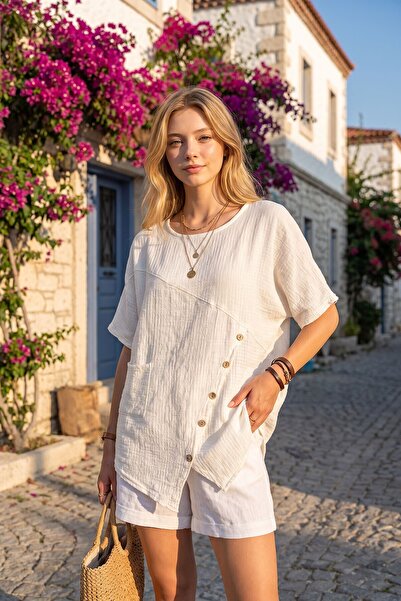Generic Brand Beige Asymmetrical Cut Button Detailed Single Pocket Linen Look...