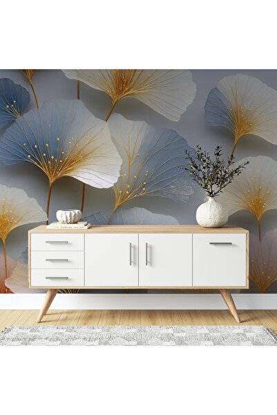 3D Altın ve Mavi Ginkgo Yaprak Desenli Dijital Duvar Kağıdı