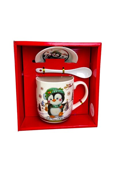 velve Set cana ceramica, farfurie si lingurita, Merry Christmas Penguin, in c...