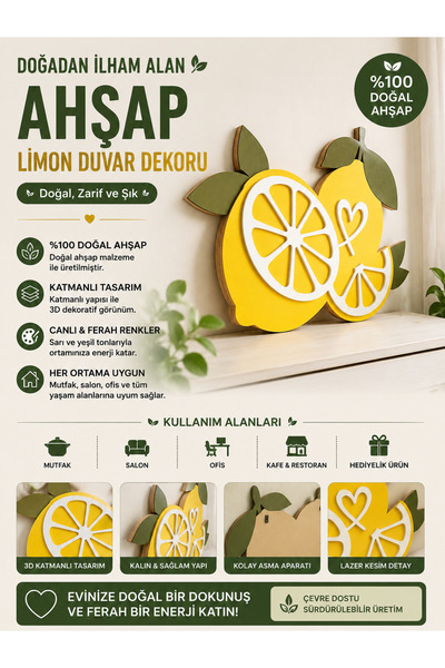 ROKH Ahşap Limon Duvar Dekoru | 3D Katmanlı Dekoratif Duvar Süsü | Lazer Kesi...