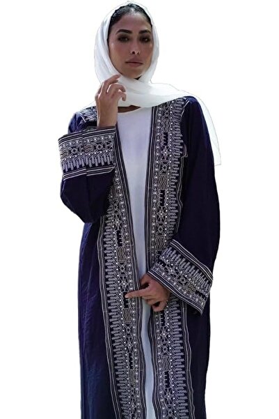 Generic Abaya Layla – Three-Piece Linen Set,deep navy blue abaya with symmetr...