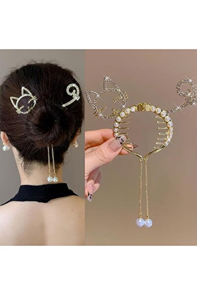 Tazweeq Cat Hair Claw Clips for Women, Hair Clips with Rhinestones, Pearl Tas...