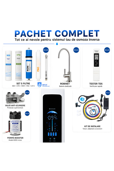 SPECTRUM WATER Sistem filtrare apă prin osmoză inversă PENTARO, 5 stadii, 600 GPD, debit 1,5 l/min, pompă, lampă UV-C, afișaj tactil, monitorizare TDS și baterie inclusă