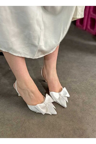 Trendlov Lora White Satin Bow Pointed Toe 5cm Heeled Slippers