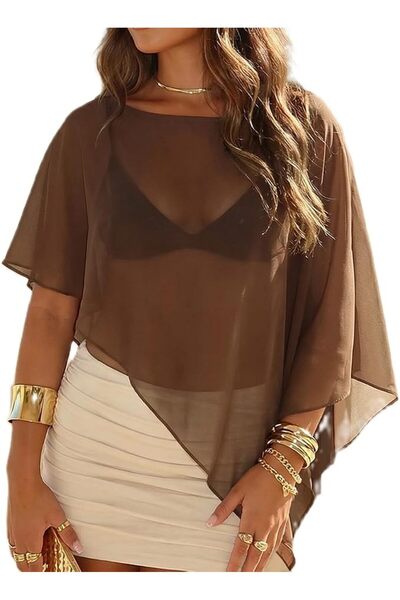 GENERAL Foidiccx Women Y2K Studded Sheer Chiffon Poncho Boat Neck Asymmetrica...