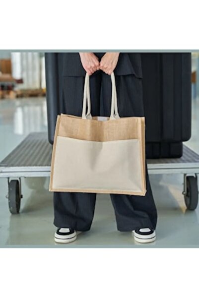 Macma Geanta de plaja si cumparaturi din iuta cu buzunar frontal 45×15×36 cm