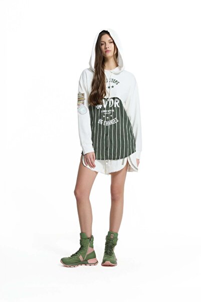 #vdr viadellerose Ecru Green Layered Hooded Striped Piece Detailed Oversize T...