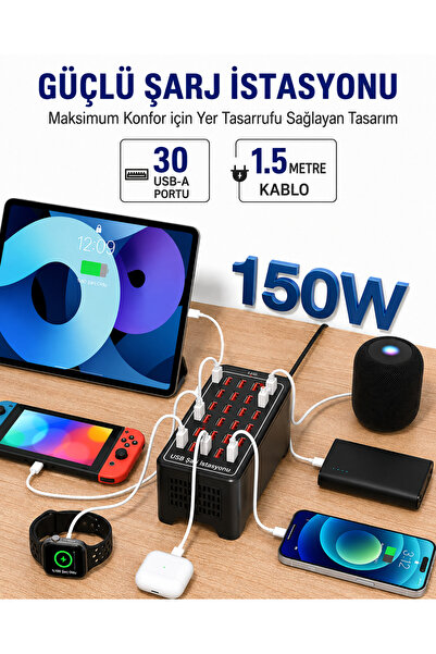 qasul 30 Port USB Çoklu Şarj İstasyonu 150W Çoklu Cihaz Şarj Hub