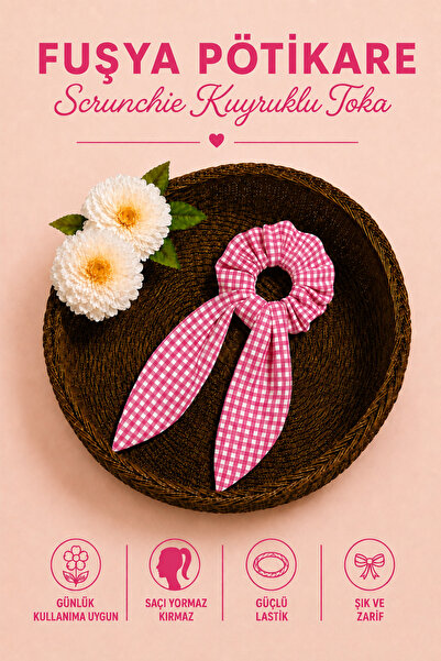 Hophera Fuchsia White Gingham Tail Scrunchie Strong Elastic Hair Clip