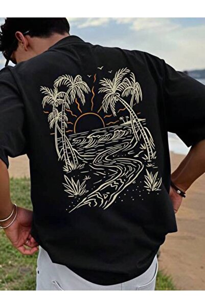 25W Men's Outfits, Tropical Sunset Palm Tree Pattern T-Shirts, Funny Vintage ...