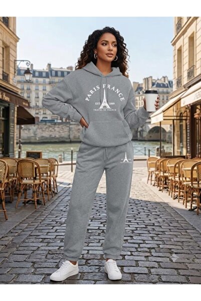 WOODROFFE Unisex Paris France Printed Oversize Hooded Tracksuit Set Loose Fit