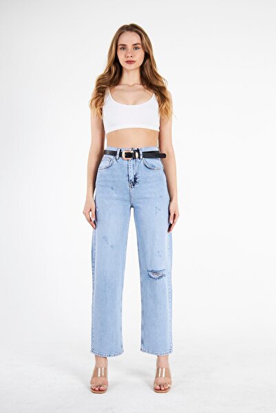 cracpot Women's Blue High Waist Comfort Fabric Relaxed Jeans Trousers