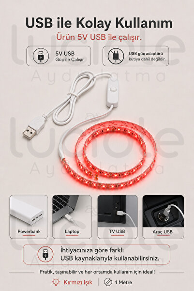 luciole 1 Metre 5V USB Kırmızı Şerit LED Aç Kapa Anahtarlı TV Masa Araç Dekoratif Led Işık