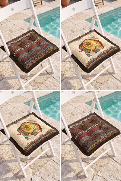 Realhomes Modern 4-Piece Fringed Pouf Chair Cushion Set with Ethnic Elephant ...
