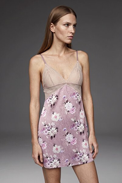 BONJOUR MADAME Lace Collar Rose Color Patterned Short Nightgown Bm-1535-8
